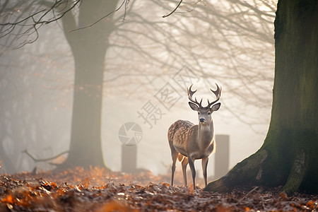 迷雾中森林里的鹿图片