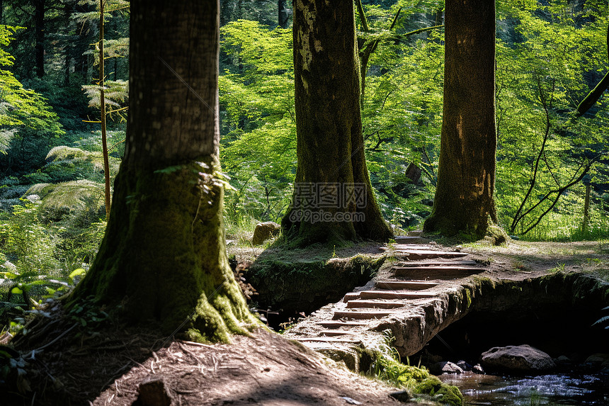 森林桥与流水图片