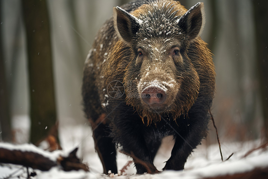 野猪漫步雪地林间图片