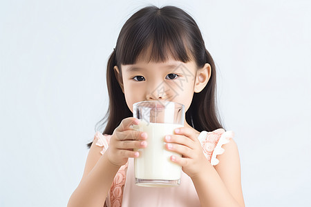 小女孩喝着玻璃杯里的牛奶背景图片