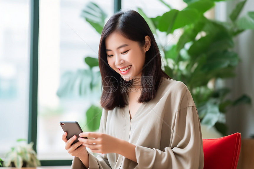 女性在家使用手机聊天图片