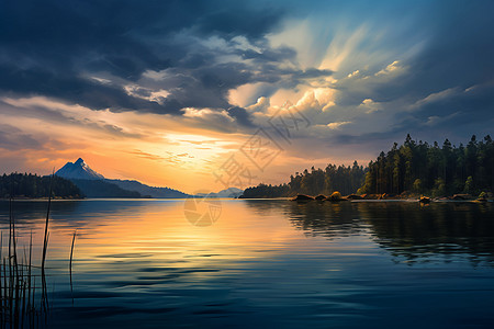 湖畔夕阳余晖图片
