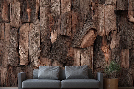 个性的树皮装饰客厅背景墙背景图片