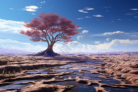 荒漠中粉色的大树图片