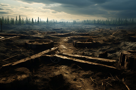 一片死寂的人工砍伐森林图片