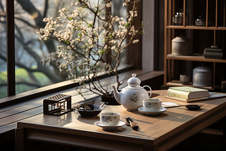 书房窗边的典雅茶具图片