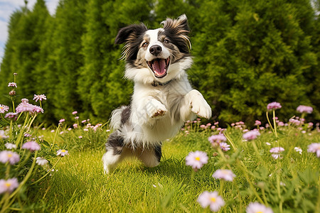黑色花朵背景草丛玩耍的狗狗背景