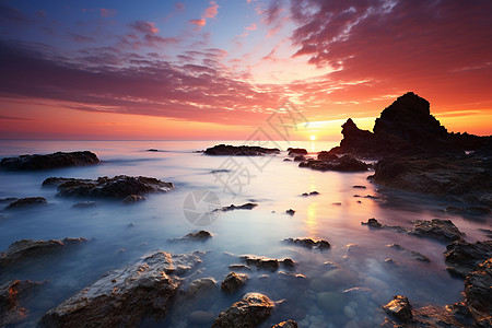 夕阳下的海景夕阳下的岩石海滩背景