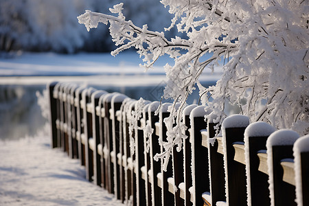 冬日结冰的栅栏图片