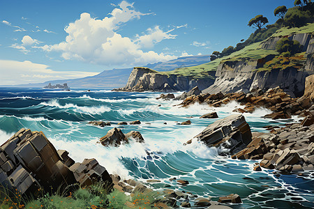 岩石海岸的宁静-崎岖的海岸峭壁与冲击的浪潮如莫奈所描绘的图片