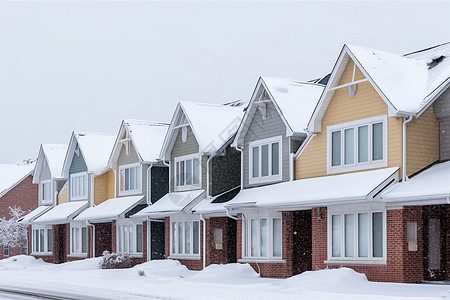 街角上一排房屋被雪覆盖高清图片