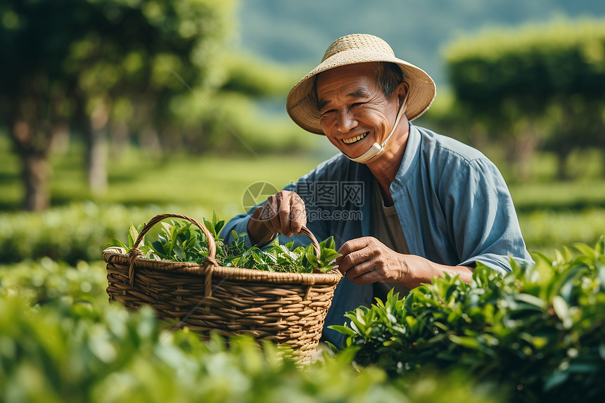 茶农手持竹篮在茶园中采摘茶叶图片