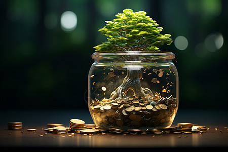 玻璃罐中的硬币和植物图片