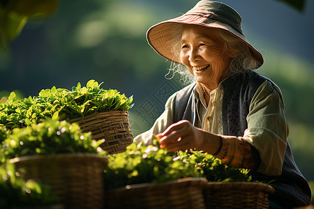 茶田里微笑着的农妇图片