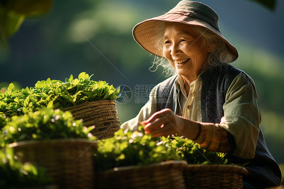 茶田里微笑着的农妇图片