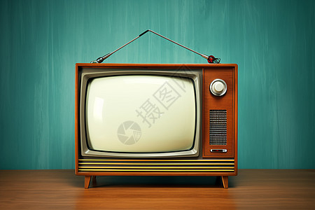 绿色墙壁中古老的电视机高清图片