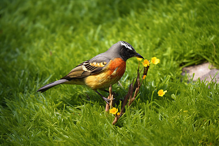 鸟儿栖息在花朵旁图片