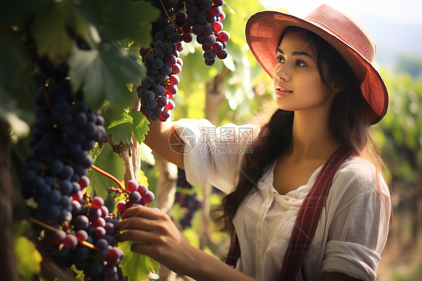 采摘葡萄的少女图片