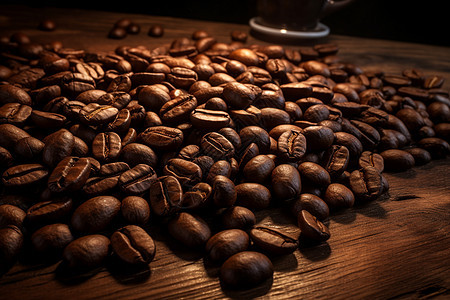 木桌上的咖啡豆图片