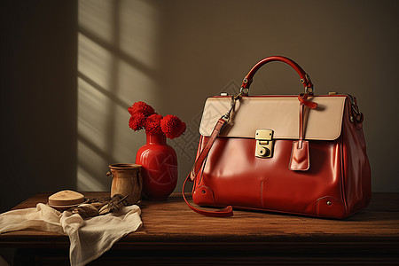 红色包包桌子上美丽的包包背景