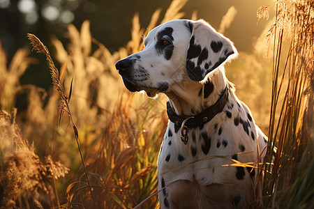 金色麦田中的斑点狗高清图片