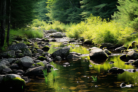 森林中的河流和岩石图片