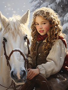 白雪地户外的小女孩和白马插画