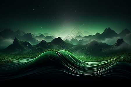 夜幕下的绿色山水图片