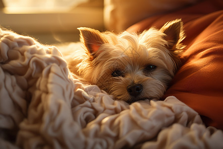 温柔入梦小狗在床上享受阳光和温暖背景图片