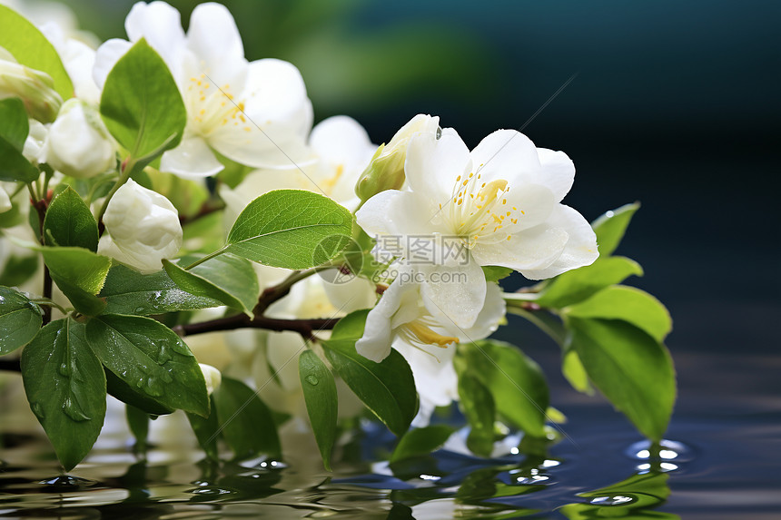 水面上漂浮着一束白色花朵图片