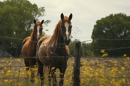 黄花丛中两匹马图片