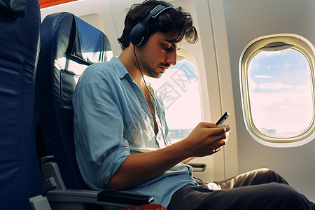 男人坐在飞机上戴着耳机图片