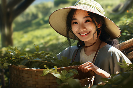 幸福努力的女茶农图片