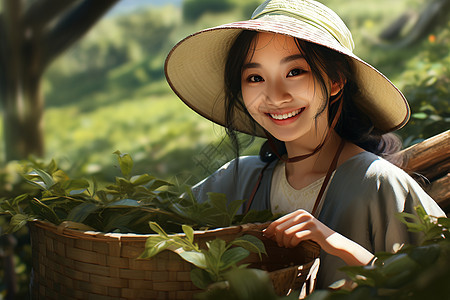 幸福努力的女茶农图片