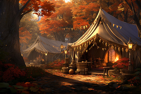 秋日森林里的帐篷背景图片