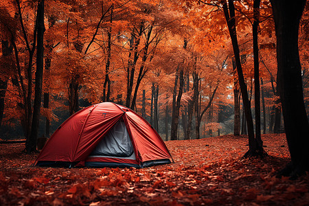 宁静秋林中的帐篷图片