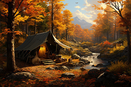秋色森林中的帐篷营造温馨的氛围图片