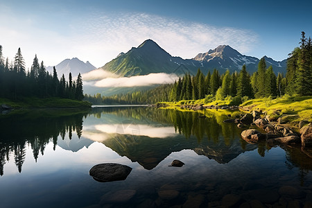 湖水山林间的景色背景图片