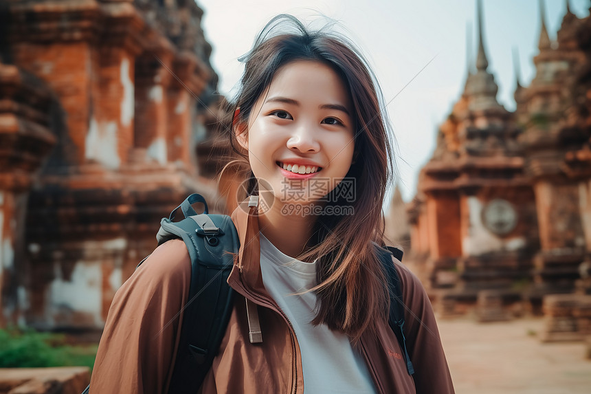 寺庙前背包的女孩图片