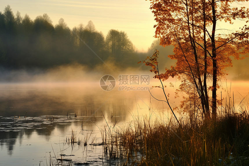 秋日朦胧湖景图片
