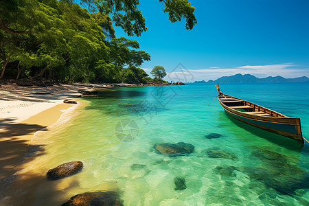 热带海滩上的渔船背景图片