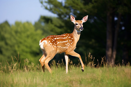 美丽的小鹿在绿草地上奔跑图片