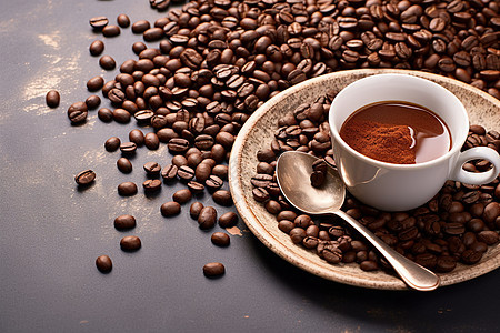 咖啡与散落咖啡豆图片