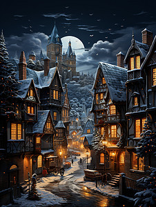 冬季雪中的古老城镇背景图片