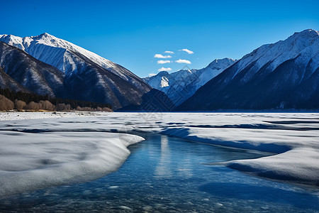 冰雪山脉上的快流河图片