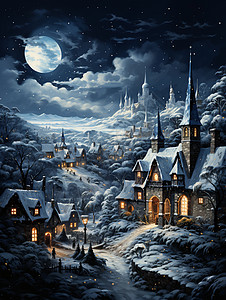 冬日夜晚中的宁静村庄图片