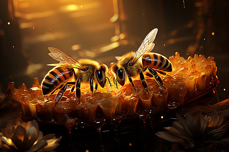 蜂巢上勤劳采蜜的蜜蜂图片