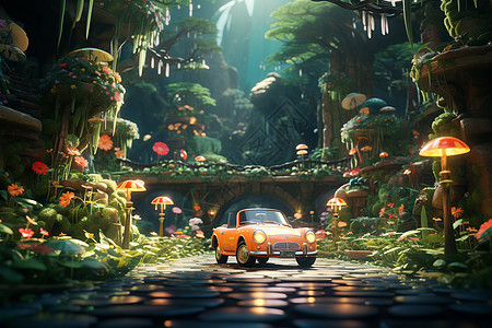 梦幻森林中停靠的老式汽车图片