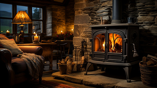 传统的木炉木柴木壁炉高清图片