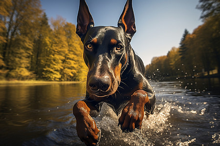水中奔跑的杜宾犬图片